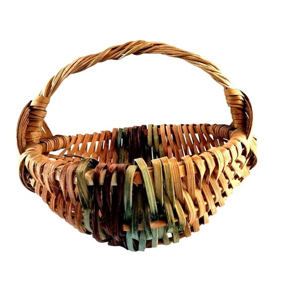 Primitive Handwoven Wicker Butt Basket With Handle-Some Loose Wicker Threads - Picture 1 of 13